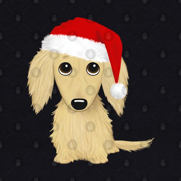 Longhaired Cream Dachshund with Santa Hat Cute Dog Christmas by Coffee Squirrel